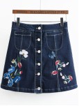 Blue Embroidery Single Breasted A Line Denim Skirt