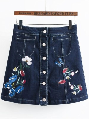 Blue Embroidery Single Breasted A Line Denim Skirt