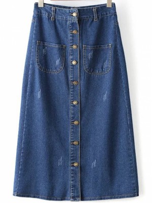 Blue Single Breasted A Line Denim Skirt